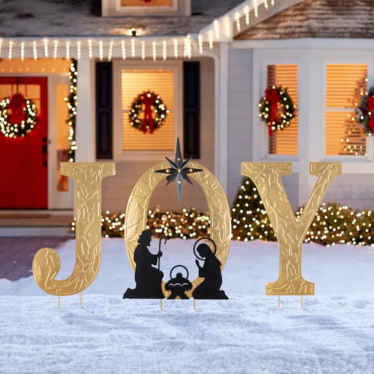 Glitzhome® Set of 3 Lighted Christmas Metal Embossed Gold JOY Yard Stake with Timer